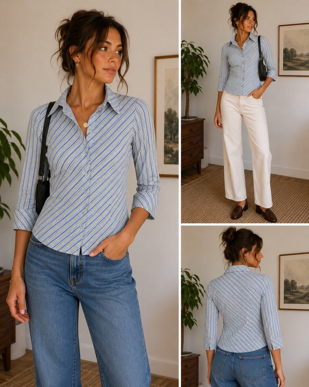 Spense Jeremy Petite Blue Stripe Button Up Shirt PS Cotton Stretch Y2K Office